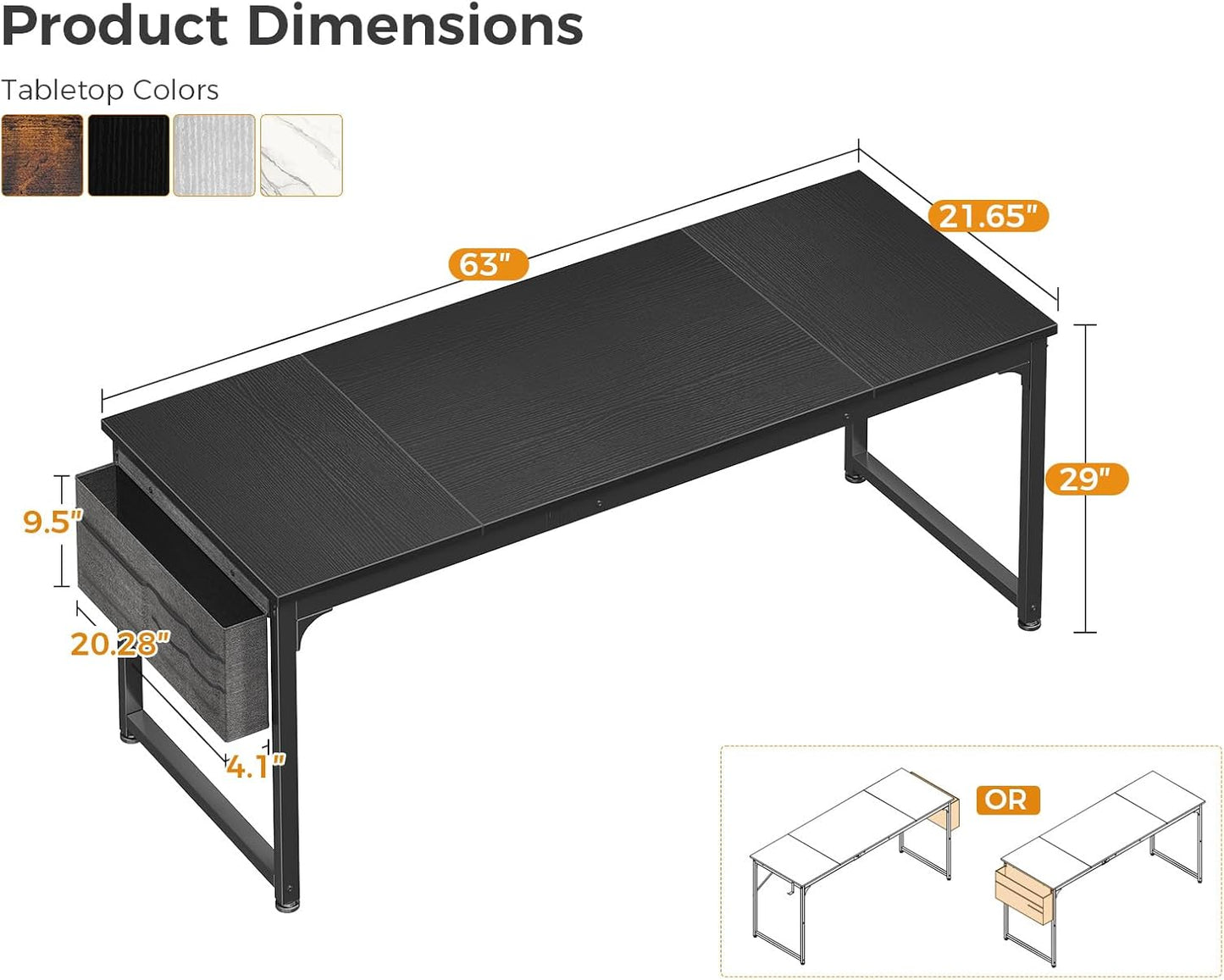 Computer Desk Large Office Desk, 63 Inch Gaming Desk with Storage, Modern PC Work Table with Headphone Hook for Home Office, Splice Board, Black