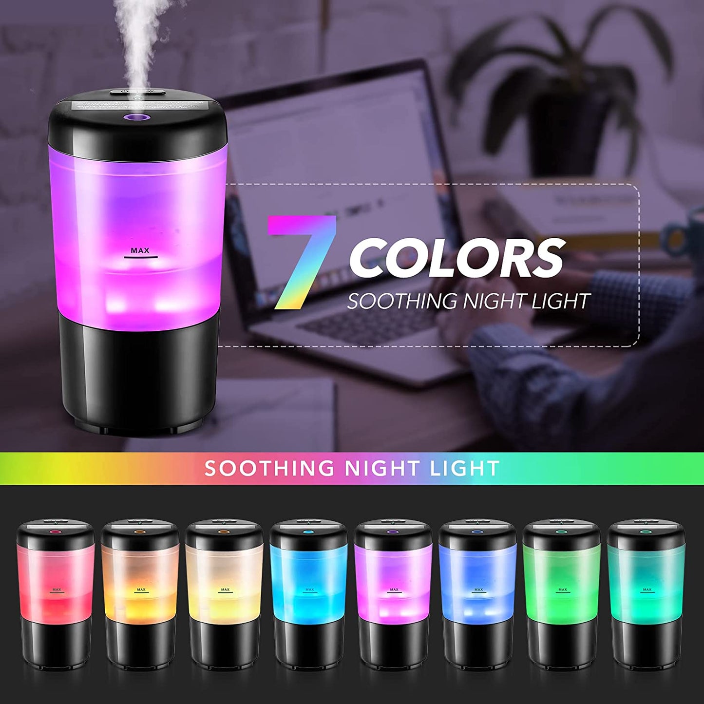 Car Diffuser Desk Humidifier - 7 Color Car Diffusers for Essential Oils, Portable Travel Humidifier