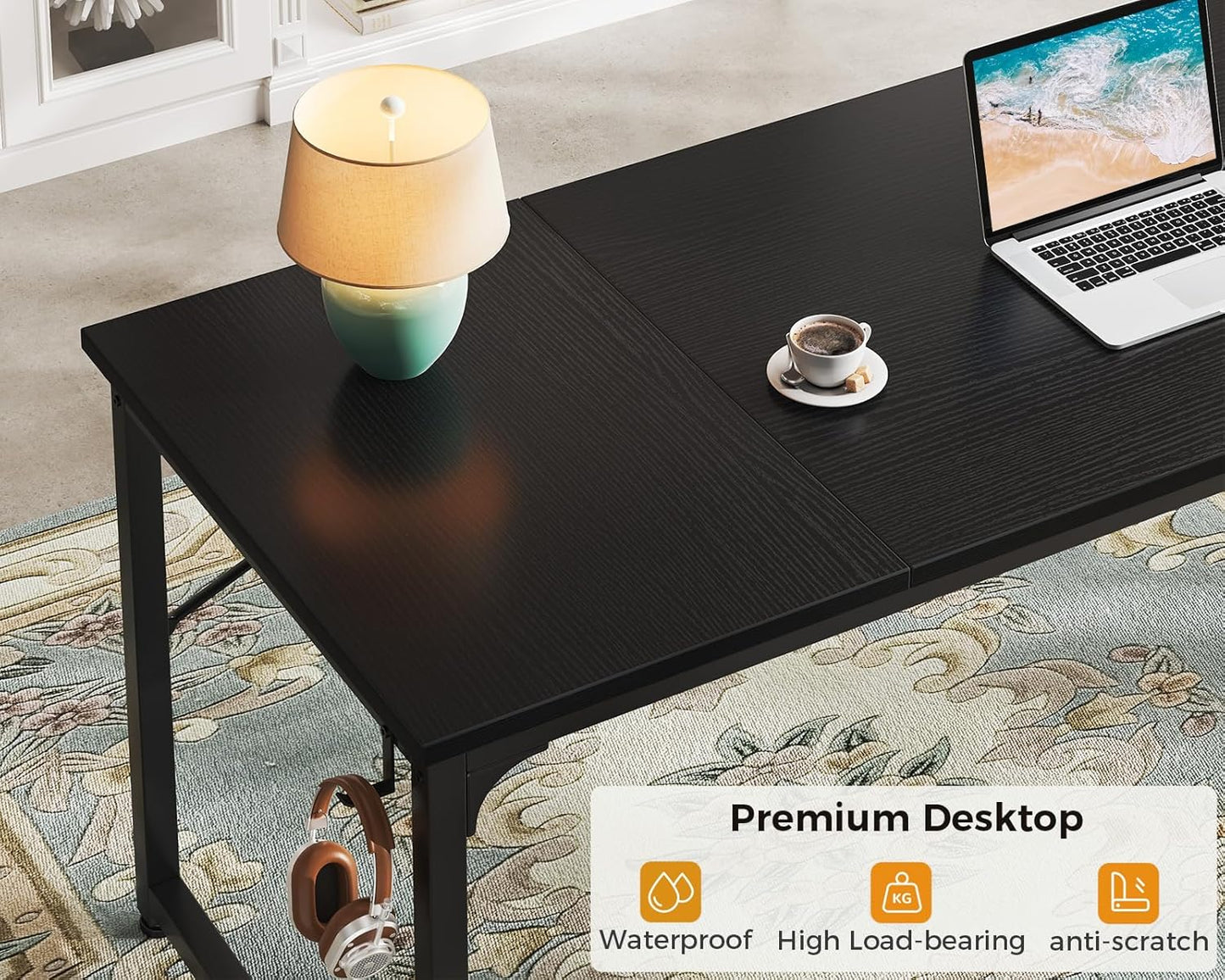 Computer Desk Large Office Desk, 63 Inch Gaming Desk with Storage, Modern PC Work Table with Headphone Hook for Home Office, Splice Board, Black