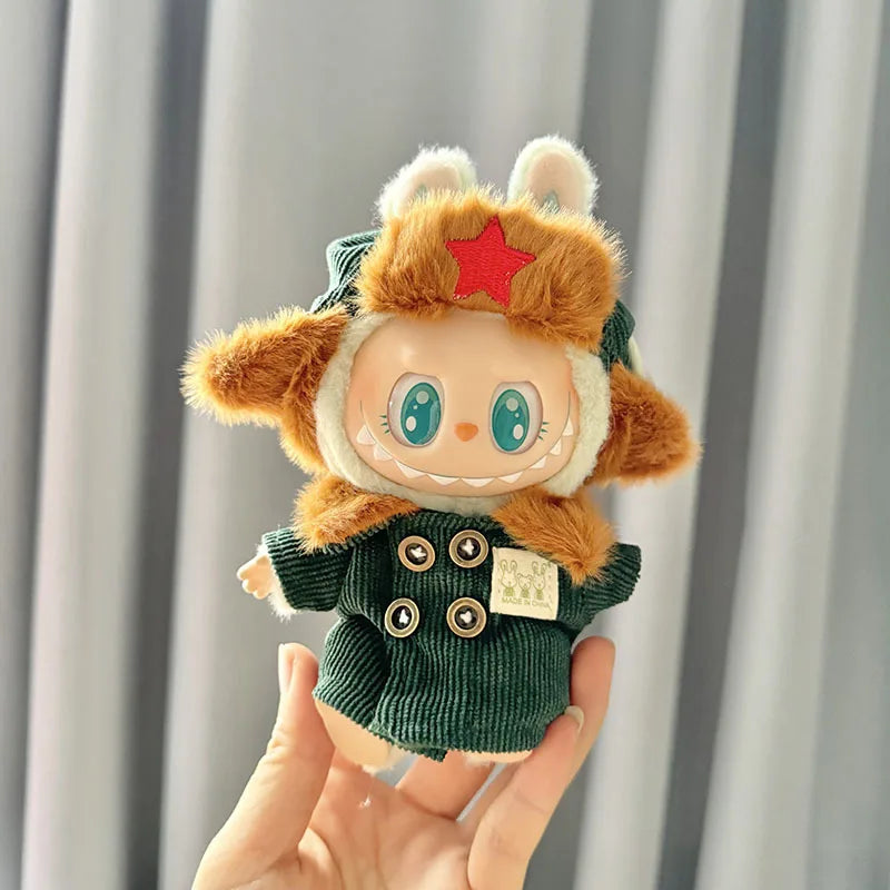 17Cm Plush Doll'S Clothes the Monster Labubu Outfit Accessories Clothing DIY Lei Feng Army Green Coat Red Star Hat