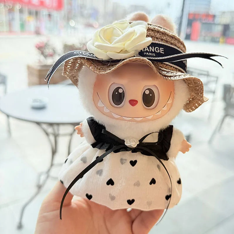 Labubu 17Cm Doll'S Clothes the Monster Outfit Accessories Clothing DIY Kids Gift Black Camellia Dress Shoes Hat Set FM14J