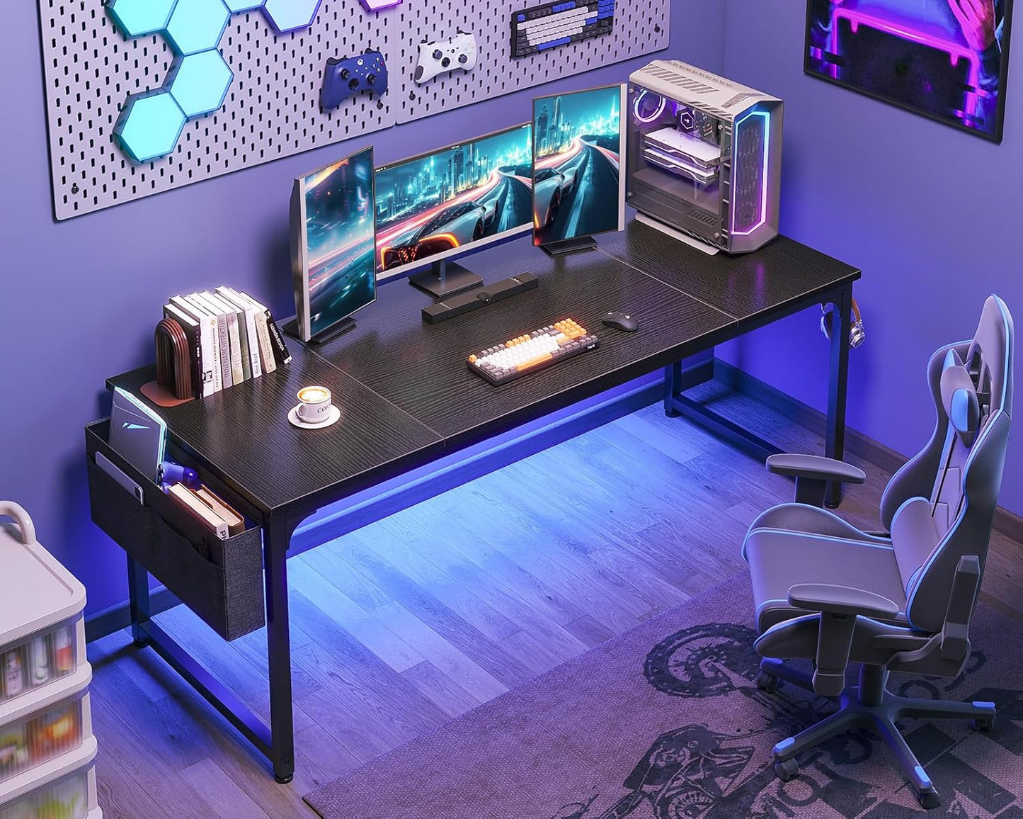 Computer Desk Large Office Desk, 63 Inch Gaming Desk with Storage, Modern PC Work Table with Headphone Hook for Home Office, Splice Board, Black