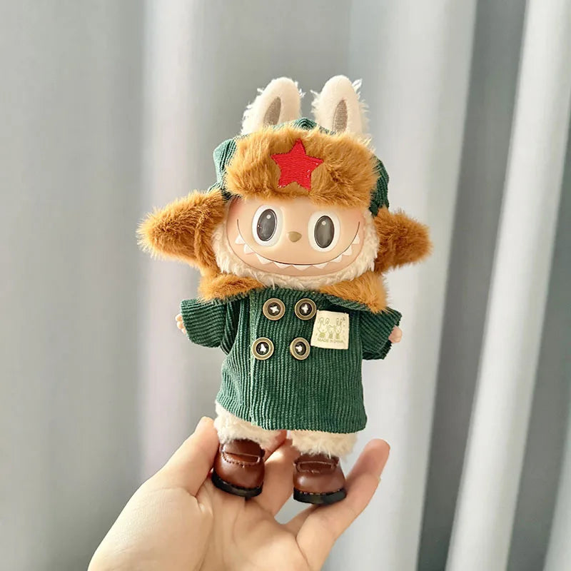 17Cm Plush Doll'S Clothes the Monster Labubu Outfit Accessories Clothing DIY Lei Feng Army Green Coat Red Star Hat