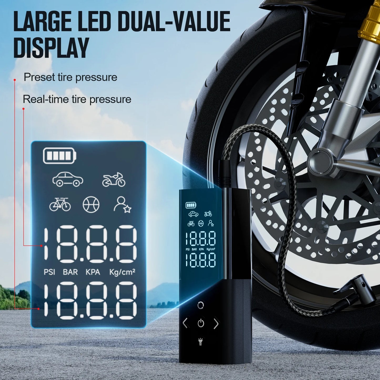AP150 Tire Inflator Portable Air Compressor, 150 PSI Cordless Tire Pump with Digital Pressure Gauge, LED Light, Auto-Shutoff for Cars Bikes Motorcycles Balls