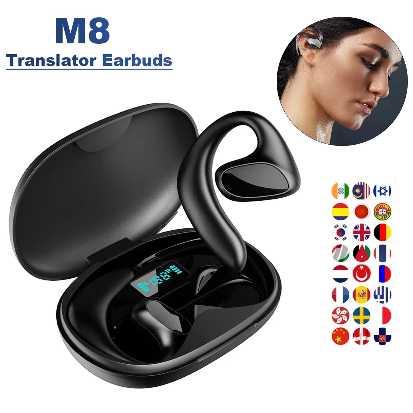 "M8 Wireless Translator Earbuds – 144 Language Real-Time Translation, Bluetooth 5.1 Smart Earphones for Travel/Business