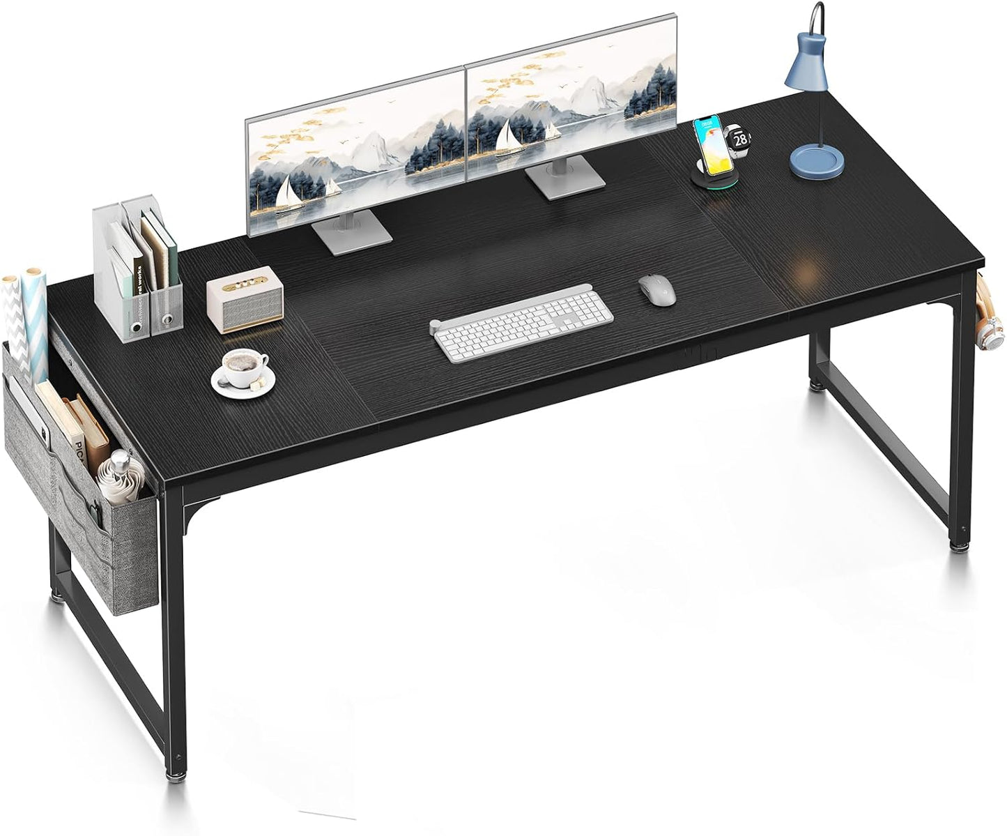 Computer Desk Large Office Desk, 63 Inch Gaming Desk with Storage, Modern PC Work Table with Headphone Hook for Home Office, Splice Board, Black