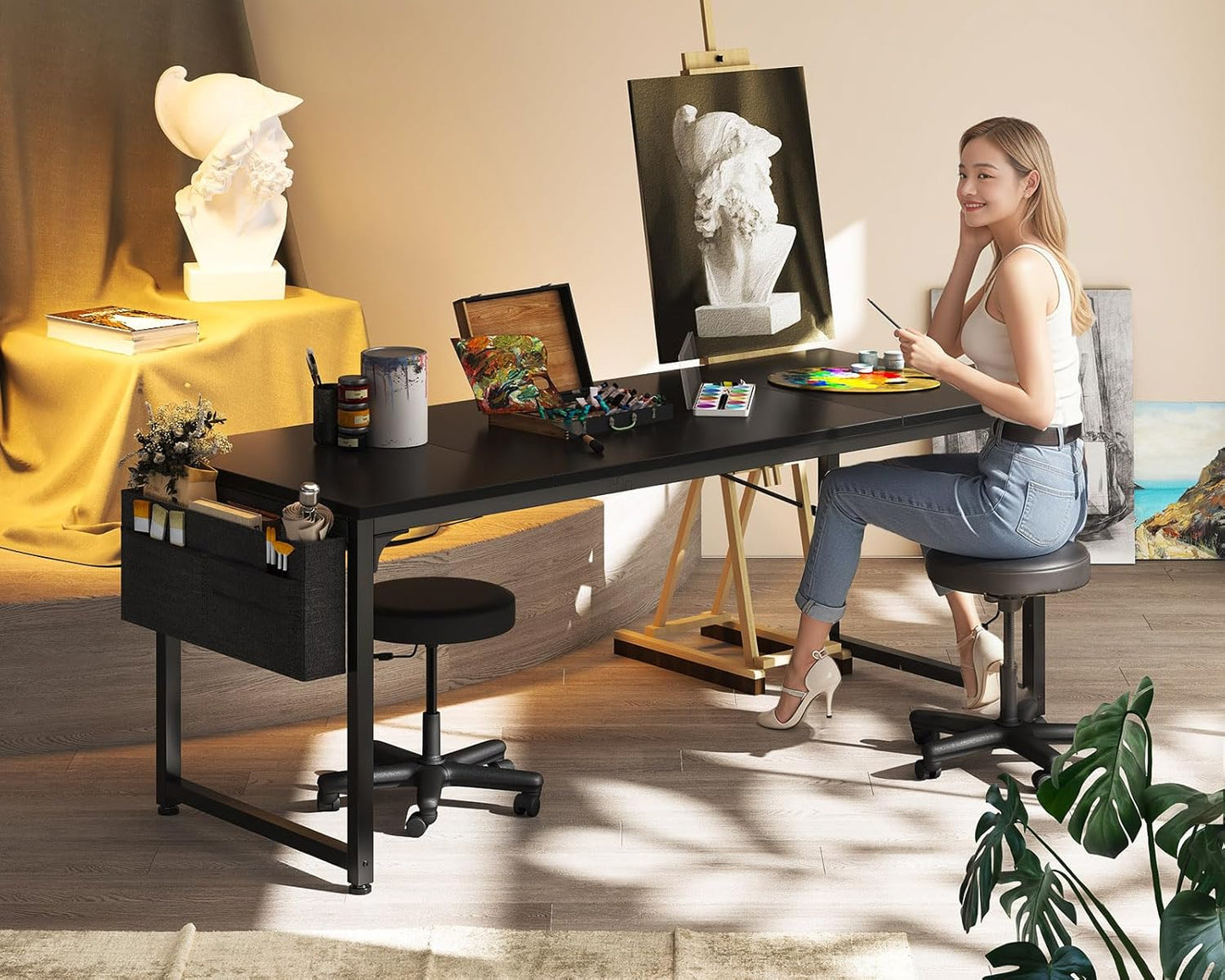 Computer Desk Large Office Desk, 63 Inch Gaming Desk with Storage, Modern PC Work Table with Headphone Hook for Home Office, Splice Board, Black