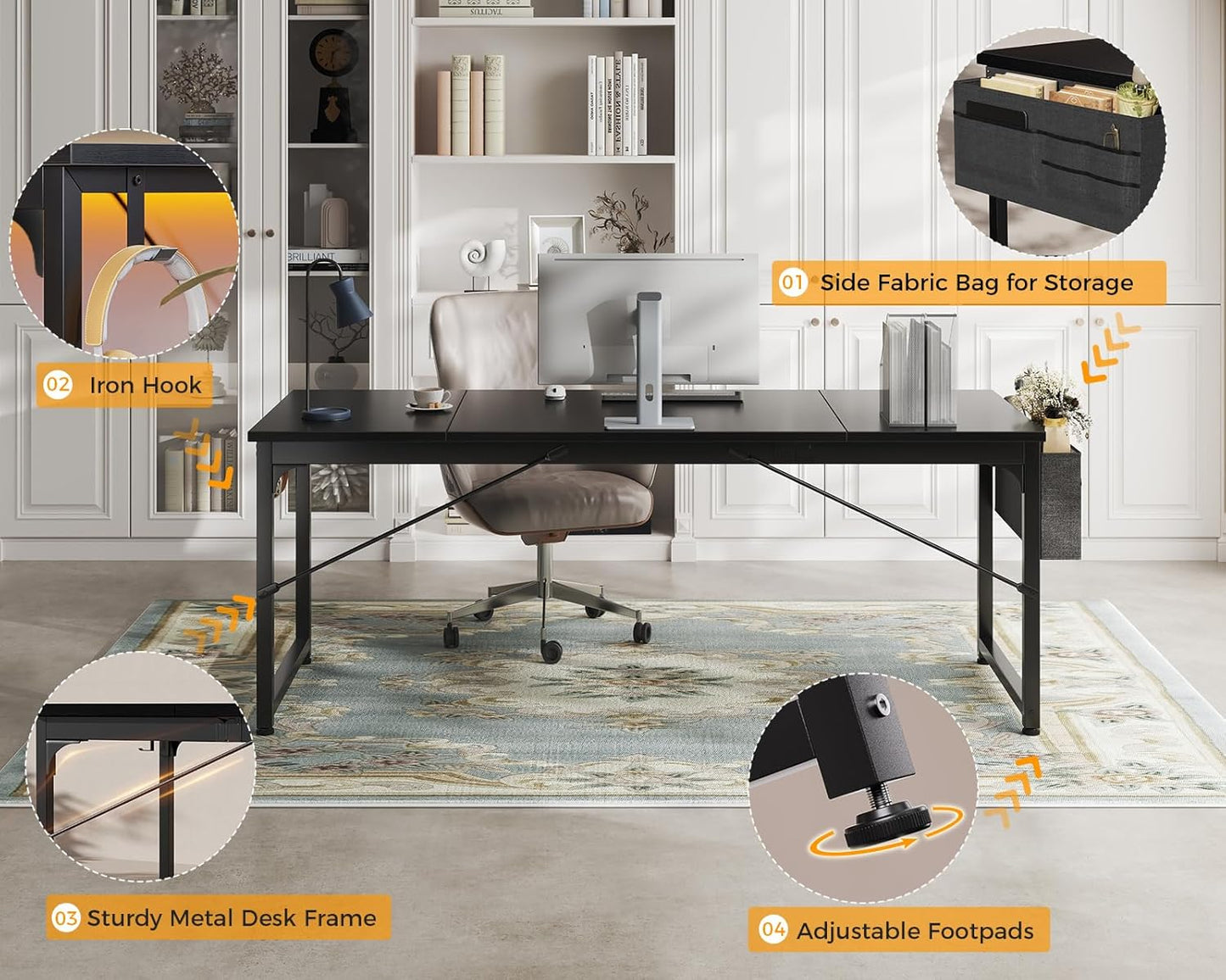 Computer Desk Large Office Desk, 63 Inch Gaming Desk with Storage, Modern PC Work Table with Headphone Hook for Home Office, Splice Board, Black