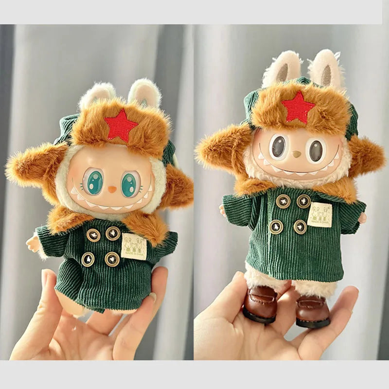 17Cm Plush Doll'S Clothes the Monster Labubu Outfit Accessories Clothing DIY Lei Feng Army Green Coat Red Star Hat