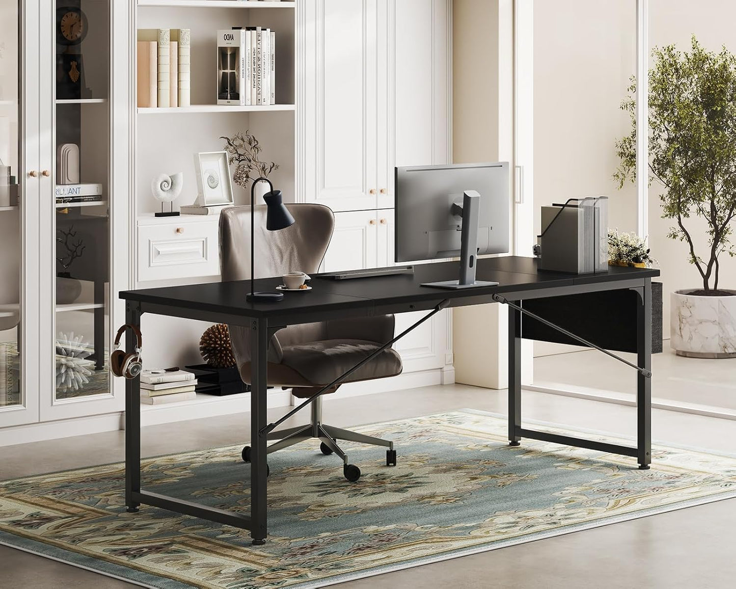 Computer Desk Large Office Desk, 63 Inch Gaming Desk with Storage, Modern PC Work Table with Headphone Hook for Home Office, Splice Board, Black