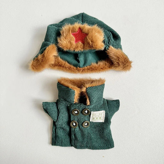17Cm Plush Doll'S Clothes the Monster Labubu Outfit Accessories Clothing DIY Lei Feng Army Green Coat Red Star Hat