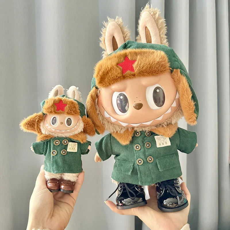17Cm Plush Doll'S Clothes the Monster Labubu Outfit Accessories Clothing DIY Lei Feng Army Green Coat Red Star Hat